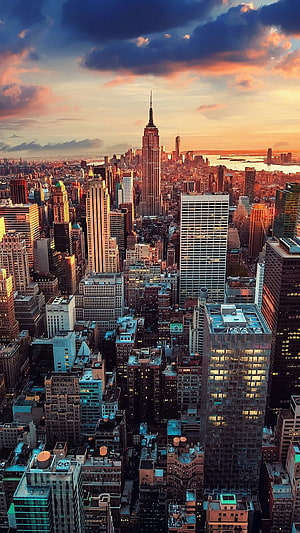 Aerial View of New York City Skyline at Golden Hour with Empire State Building HD phone wallpaper