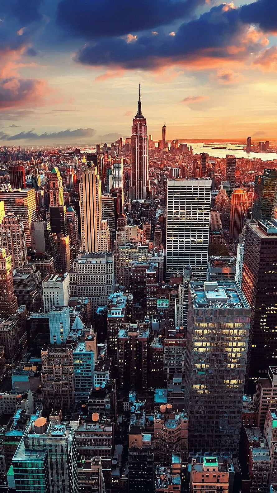 Aerial View of New York City Skyline at Golden Hour with Empire State Building HD phone wallpaper
