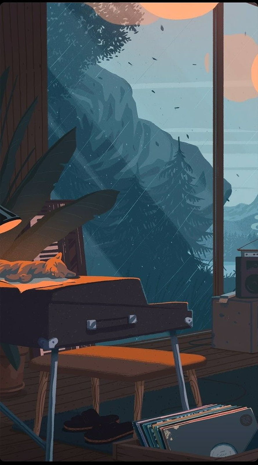 Cozy Cabin Interior with Piano and Sleeping Cat Looking Out at Rainy Mountains HD phone wallpaper