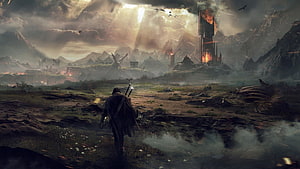 Lord of the Rings Fantasy Landscape with Lone Warrior and Distant Tower HD wallpaper