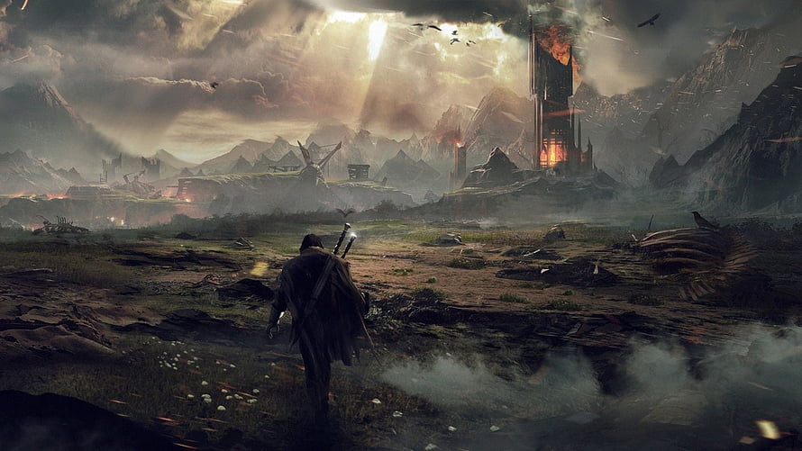 Lord of the Rings Fantasy Landscape with Lone Warrior and Distant Tower HD wallpaper