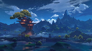 Genshin Impact Liyue Harbor and Wangshu Inn Nighttime Fantasy Landscape HD wallpaper