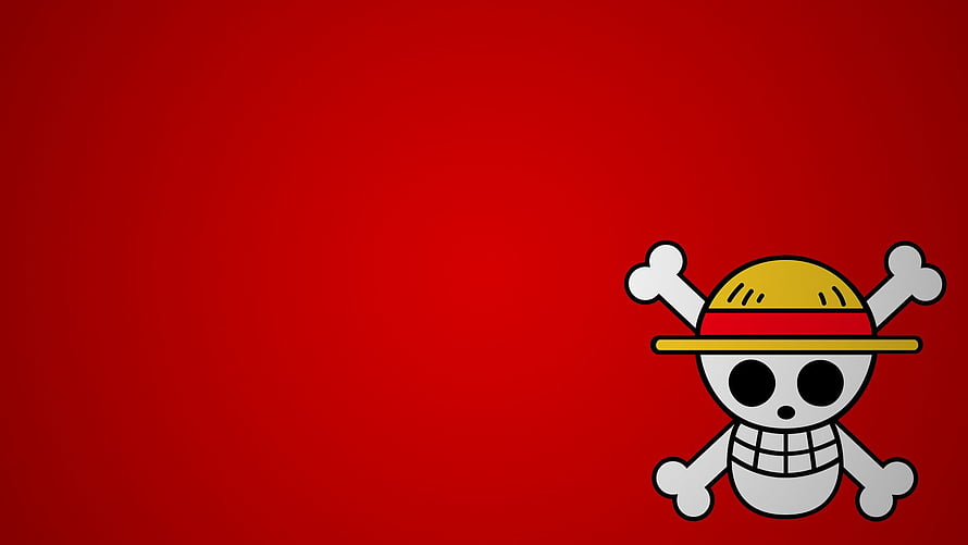 One Piece Monkey D. Luffy Jolly Roger Skull and Crossbones on Red Background HD wallpaper