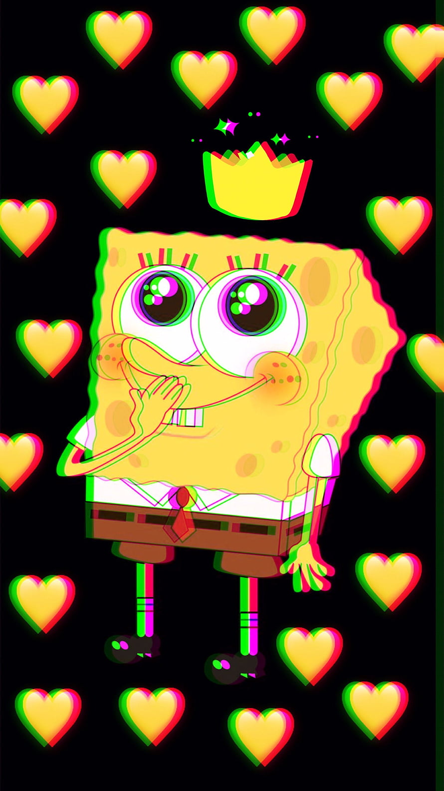 SpongeBob SquarePants Neon Glitch Art with Floating Hearts and Crown on Black Background HD phone wallpaper