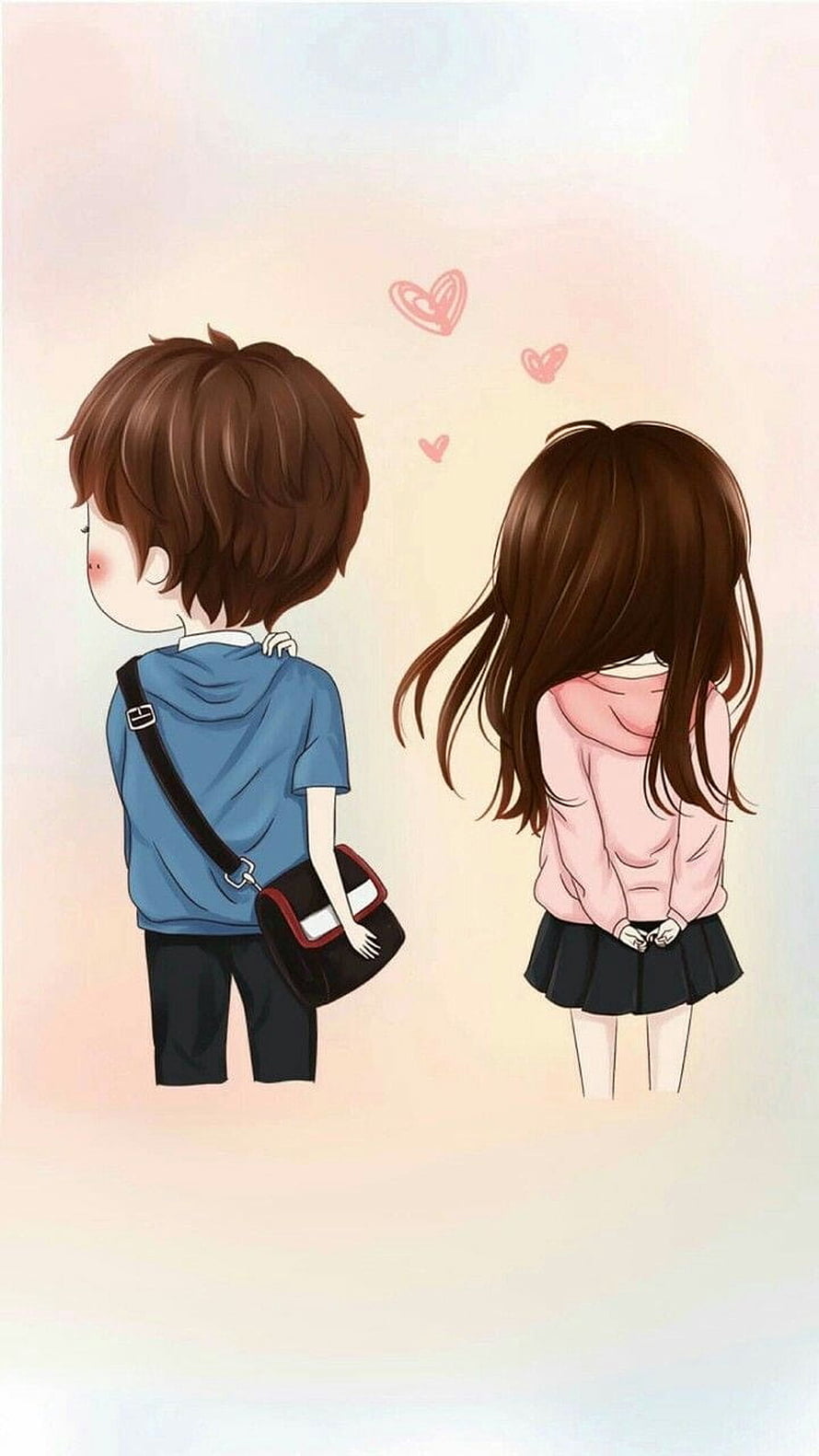 Cute Chibi Anime Couple Walking Together With Floating Hearts HD phone wallpaper