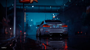Silver BMW M4 Sedan Rear View on Wet Night Street with Neon Reflections HD wallpaper