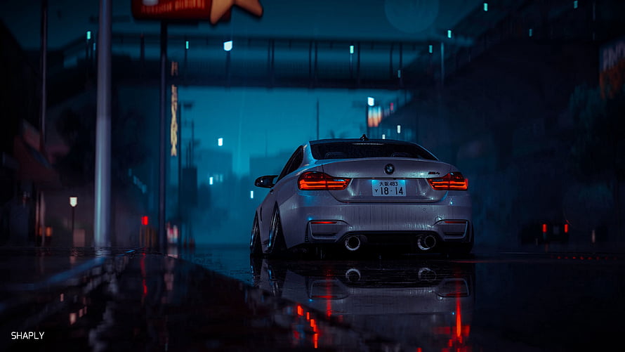 Silver BMW M4 Sedan Rear View on Wet Night Street with Neon Reflections HD wallpaper