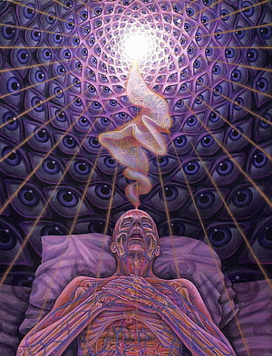 Alex Grey Surreal Artwork of a Figure with a Spiral of Light and a Field of Eyes HD phone wallpaper