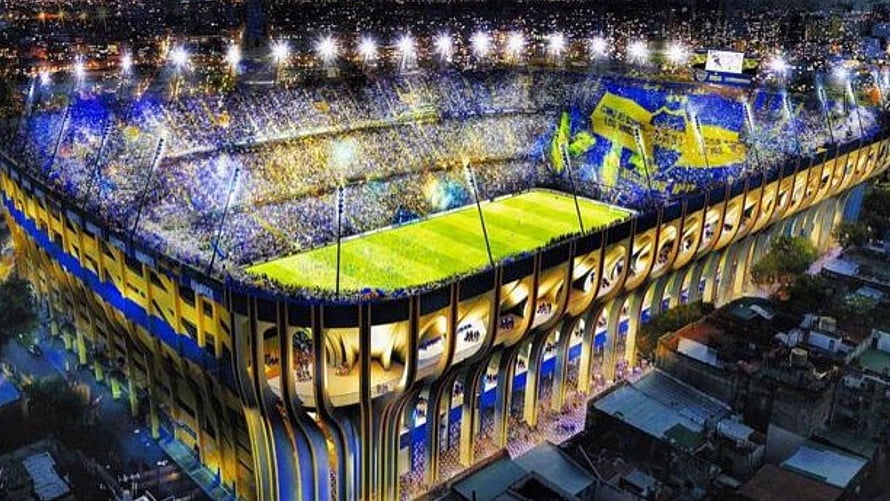 Aerial Night View of La Bombonera Stadium with Boca Juniors Fans and Tifo Display HD wallpaper