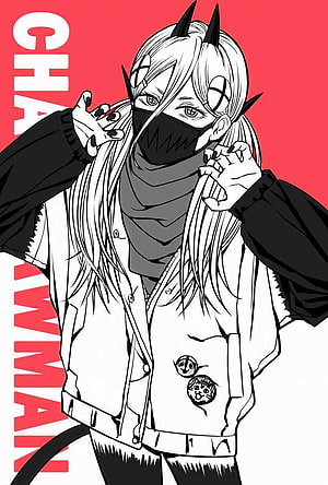 Chainsaw Man Power Character Illustration with Mask and Horns on Red Background HD phone wallpaper