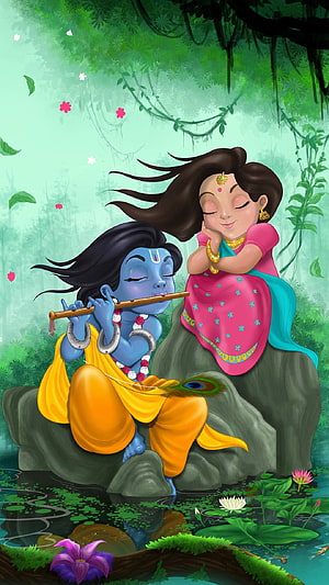 Radha and Krishna Playing Flute in a Lush Forest Setting HD phone wallpaper
