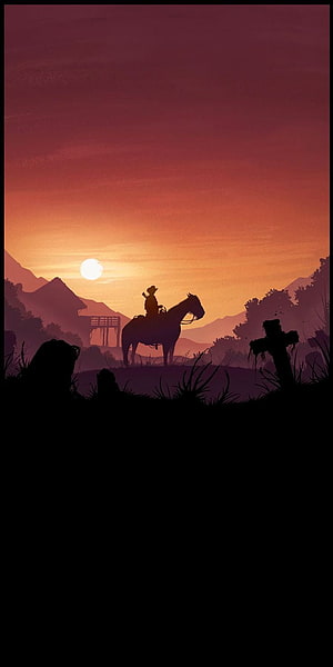 Red Dead Redemption 2 cowboy silhouette on horseback at sunset with mountains and graveyard HD phone wallpaper