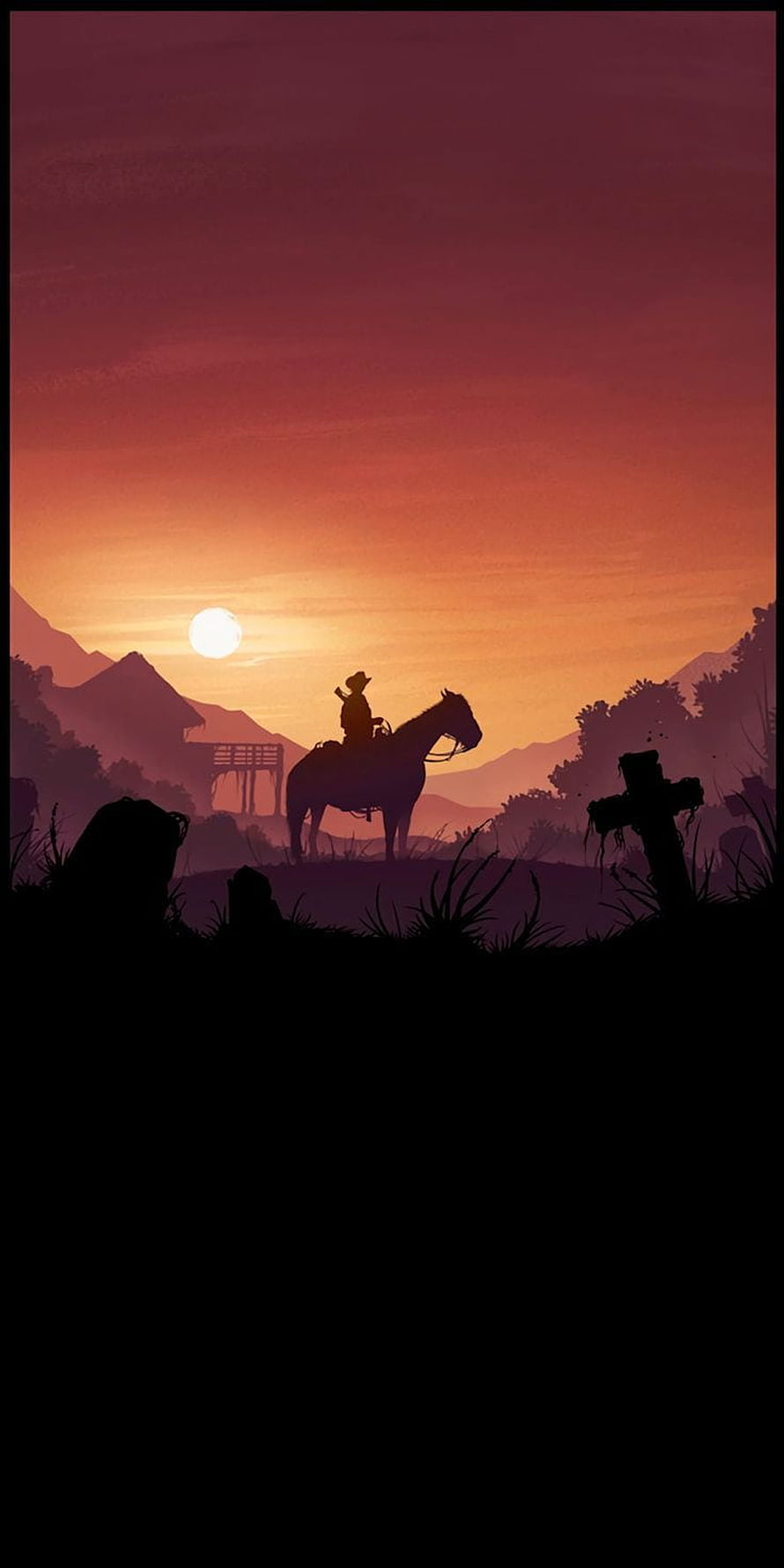 Red Dead Redemption 2 cowboy silhouette on horseback at sunset with mountains and graveyard HD phone wallpaper