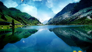 Serene Alpine Lake with Mountain Reflections and Hot Air Balloon HD wallpaper