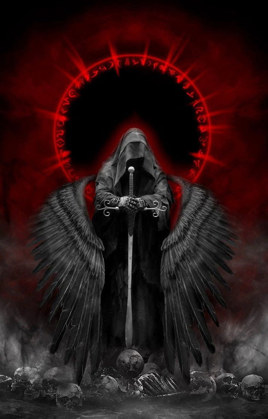 Dark Angel Reaper with Black Wings and Glowing Red Halo HD phone wallpaper