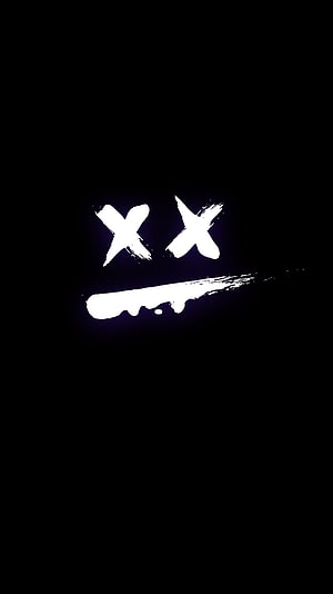 Minimalist Sad Face with X Eyes and Brush Stroke Mouth on Black Background HD phone wallpaper