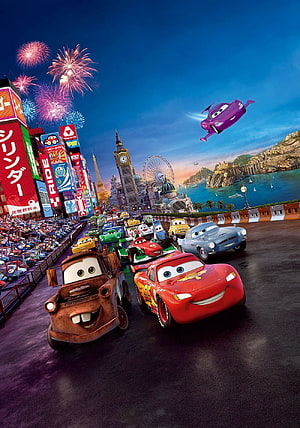 Cars 2 Movie Poster Featuring Lightning McQueen and Mater Racing Through Tokyo HD phone wallpaper