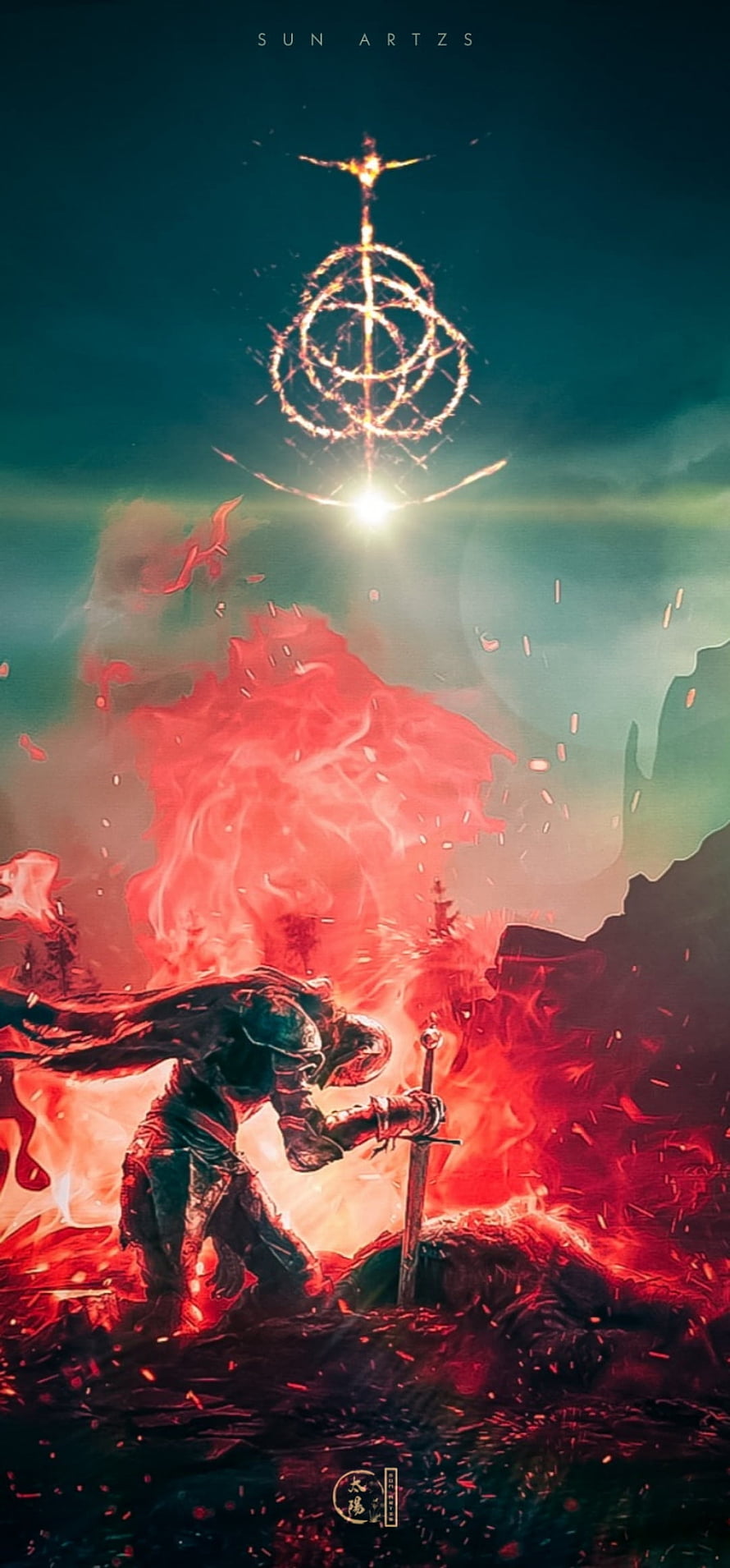 Elden Ring Knight Standing in Fire with Glowing Sigil in the Sky HD phone wallpaper