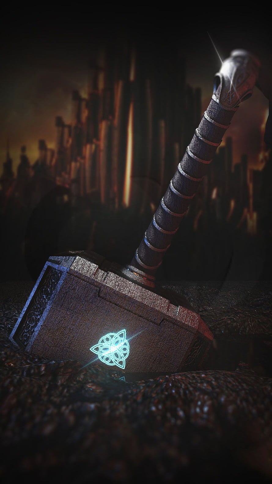 Thor's Mjolnir Hammer Resting on Dark Ground with Glowing Rune Symbol HD phone wallpaper
