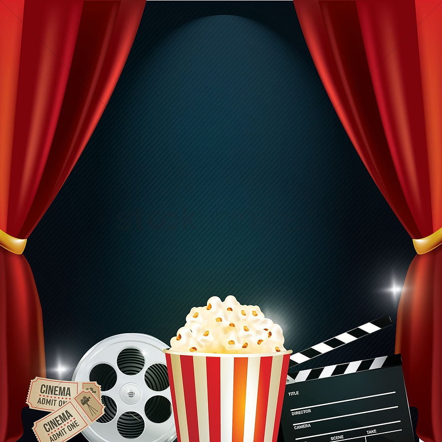Cinematic Movie Theater Scene with Red Curtains, Popcorn, Clapperboard, and Film Reel HD phone wallpaper
