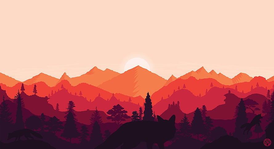 Stylized Fox Silhouette in Mountain Forest at Sunset HD wallpaper