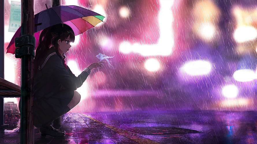 Anime Girl with Umbrella in Neon Rain at Night HD wallpaper