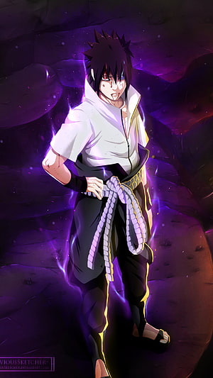 Sasuke Uchiha in White Shirt with Purple Aura and Heterochromia Eyes HD phone wallpaper