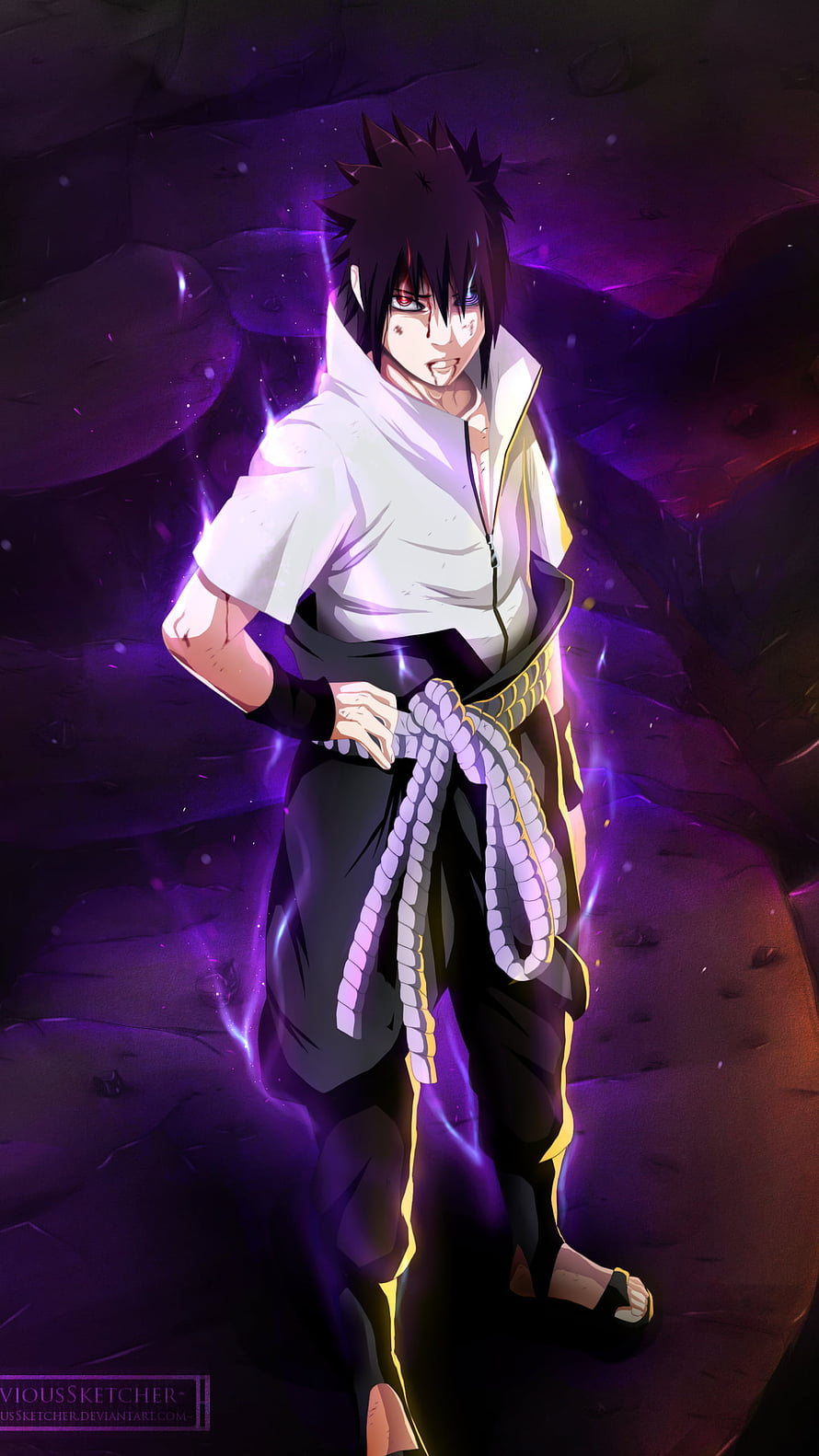Sasuke Uchiha in White Shirt with Purple Aura and Heterochromia Eyes HD phone wallpaper