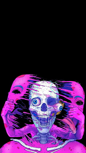 Psychedelic Grunge Skull with Glitch Effects and Neon Pink Splatter on Black Background HD phone wallpaper