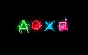 PlayStation 4 Controller Button Icons in Neon Glow on Black Background HD wallpaper