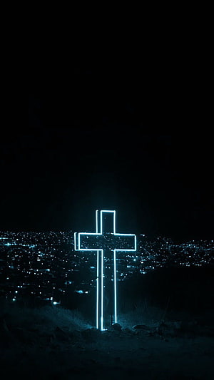 Illuminated Blue Cross Standing Over a City at Midnight HD phone wallpaper