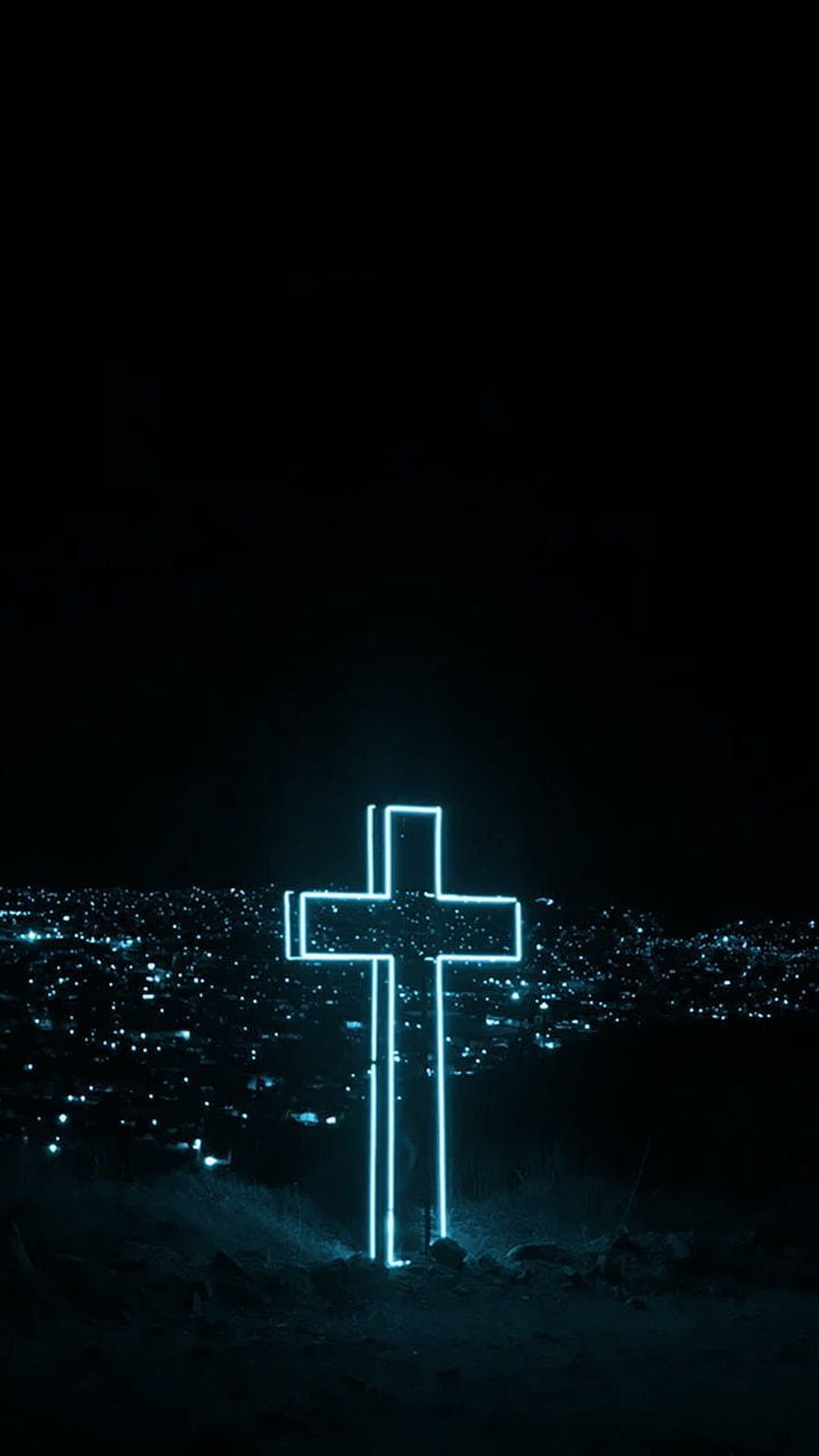 Illuminated Blue Cross Standing Over a City at Midnight HD phone wallpaper