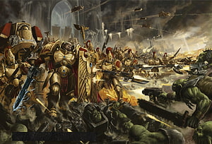 Warhammer 40K Imperial Guard Space Marines Battle Scene with Orks HD wallpaper