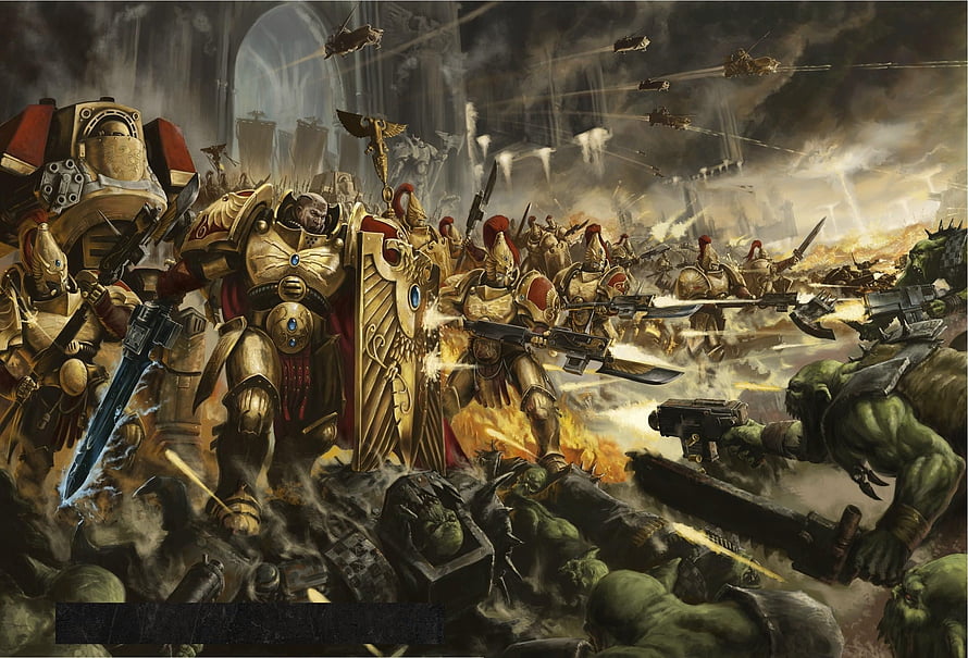 Warhammer 40K Imperial Guard Space Marines Battle Scene with Orks HD wallpaper