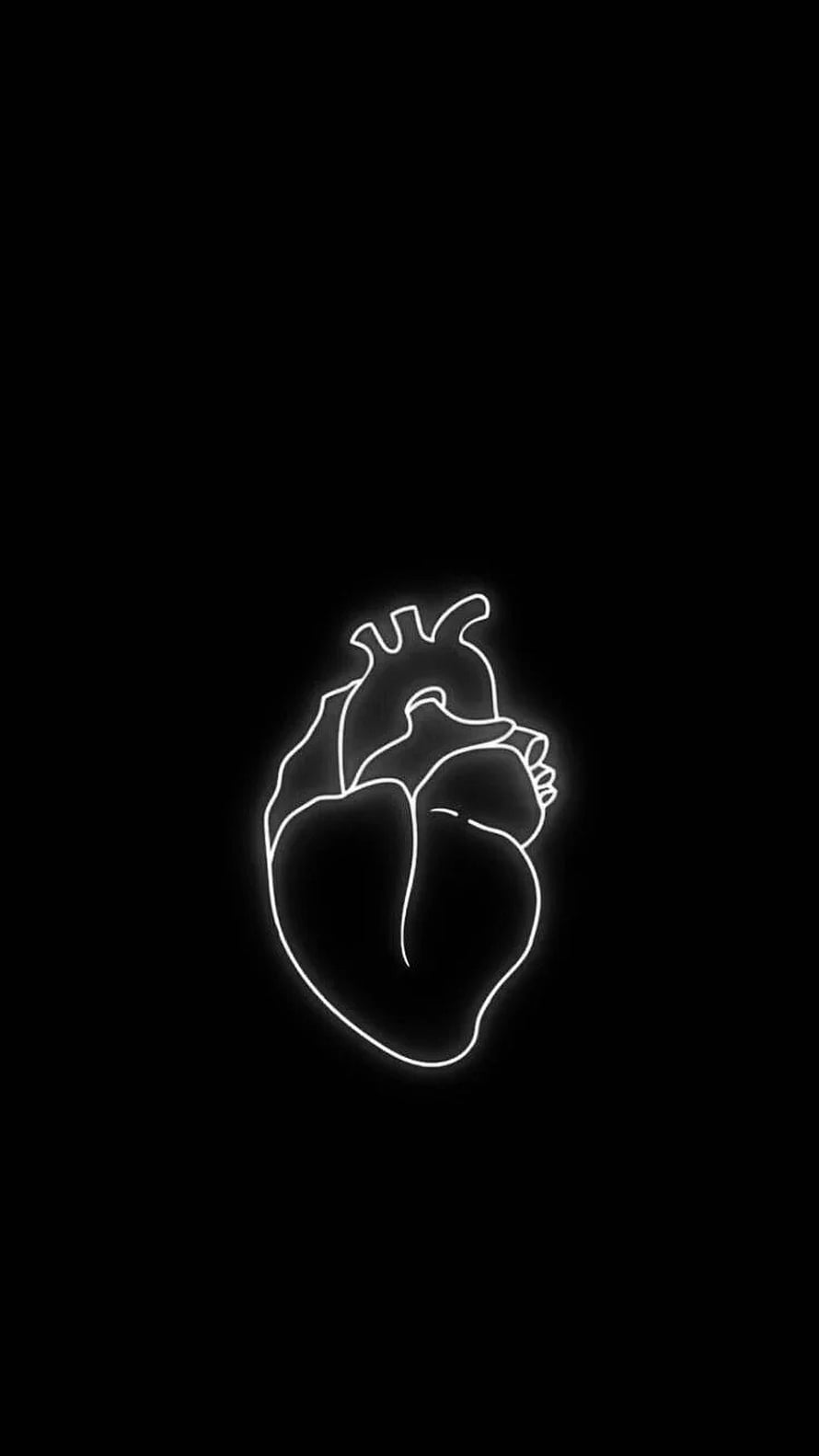 Minimalist Glowing White Line Art of a Human Heart on a Black Background HD phone wallpaper