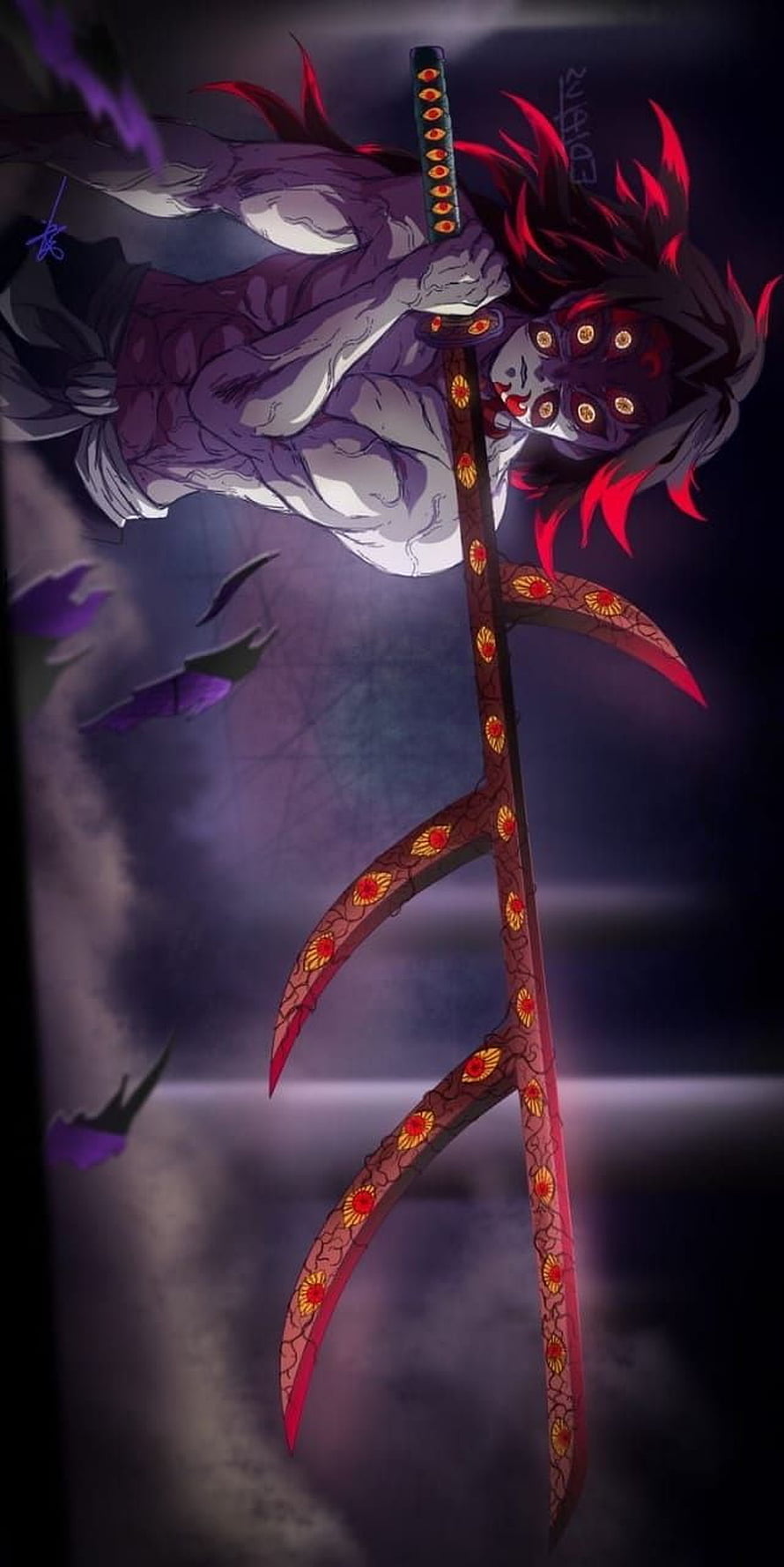 Kokushibou from Demon Slayer Wielding Ornate Scythe in Dark Fantasy Anime Art HD phone wallpaper