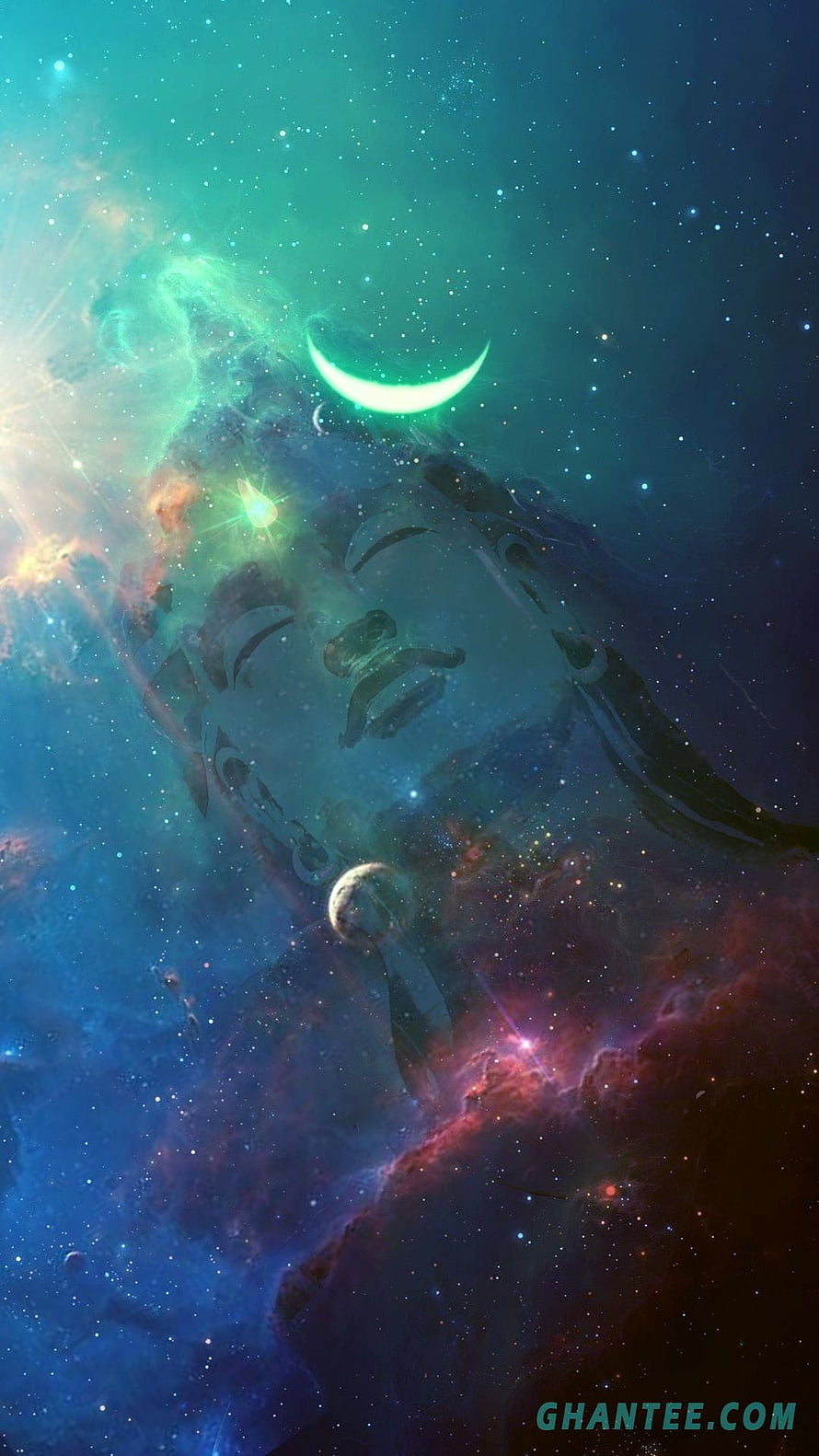 Cosmic Lord Shiva with Crescent Moon and Nebulae in Ethereal Digital Art HD phone wallpaper