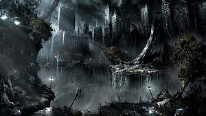 Dark Post-Apocalyptic Cityscape with Overgrown Nature and Ruined Skyscrapers HD wallpaper