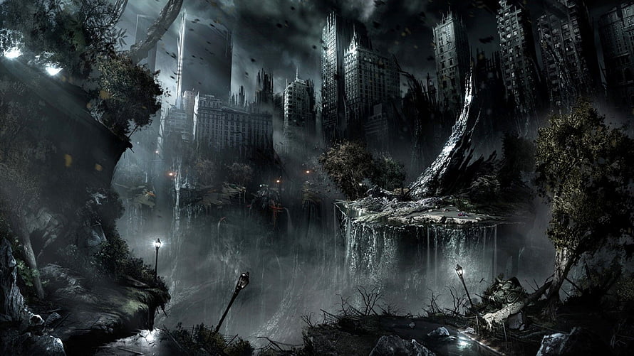 Dark Post-Apocalyptic Cityscape with Overgrown Nature and Ruined Skyscrapers HD wallpaper