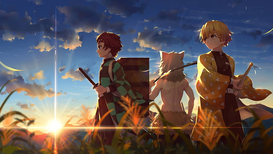Demon Slayer Anime Characters Standing in Golden Grass at Sunset HD wallpaper