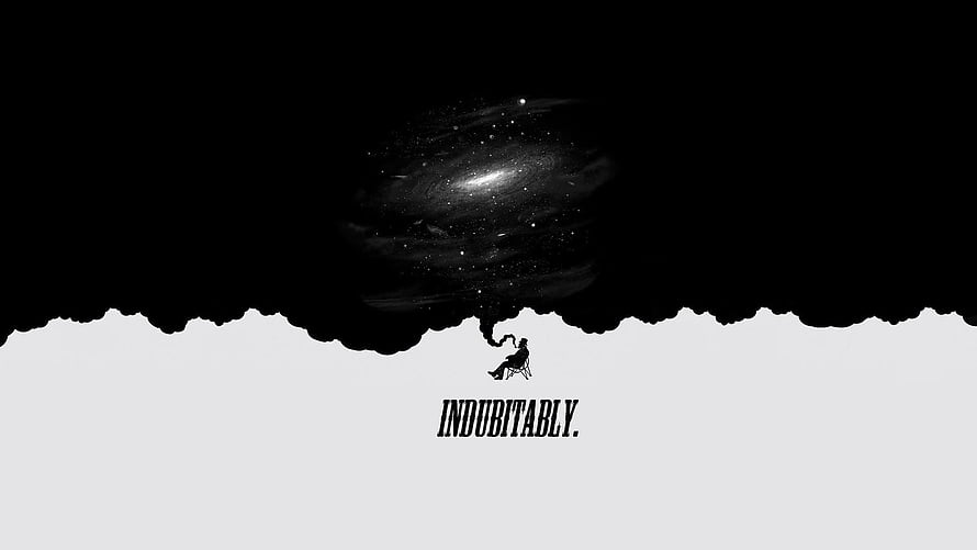 Minimalist Black and White Art of a Silhouette Seated Before a Cosmic Galaxy HD wallpaper