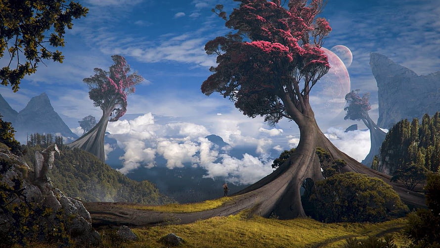 Fantasy alien landscape with giant flowering trees, distant mountains, and a large planet in the sky HD wallpaper