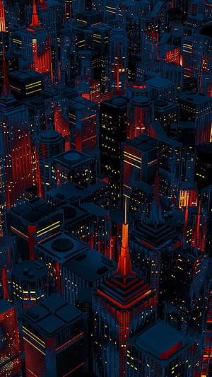 Aerial View of a Cyberpunk Cityscape at Night with Red and Blue Neon Lights HD phone wallpaper