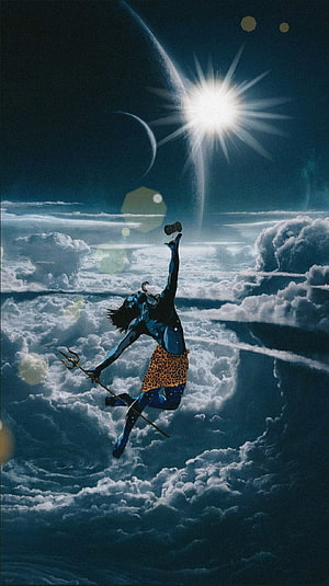 Lord Shiva Leaping Above Clouds with Trishula and Cosmic Sunburst HD phone wallpaper