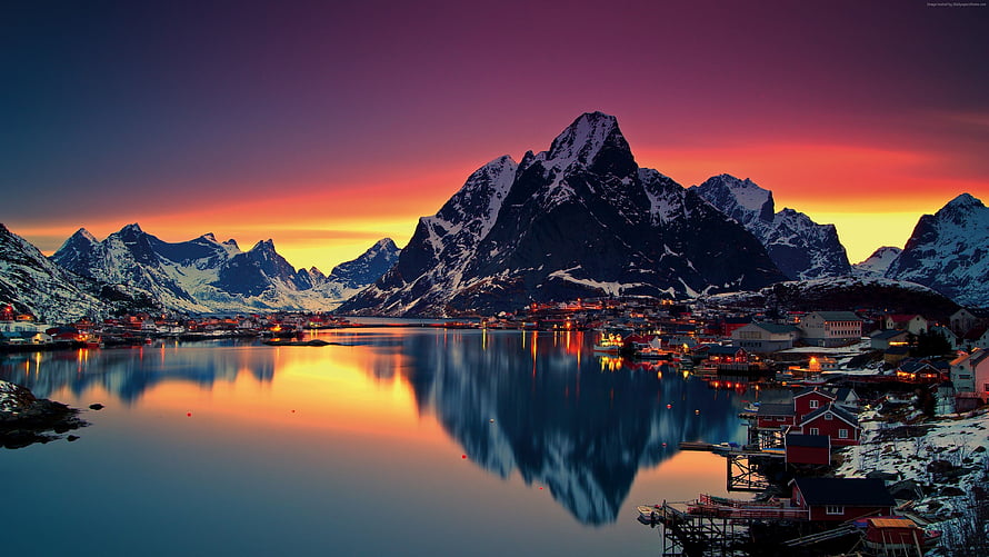 Lofoten Islands Norway Fjord Village at Sunrise with Snowy Peaks and Reflections HD wallpaper