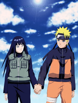 Naruto and Hinata Holding Hands Under a Bright Blue Sky in Anime Style HD phone wallpaper