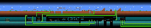 Wide Pixel Art Underground Base with Green Wiring and Blue Sky HD wallpaper