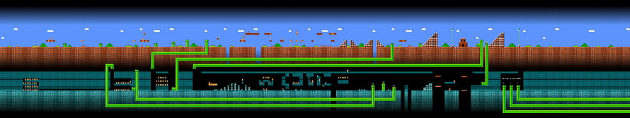 Wide Pixel Art Underground Base with Green Wiring and Blue Sky HD wallpaper