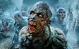 The Walking Dead Zombie Horde Advancing Through Foggy Ruins HD wallpaper