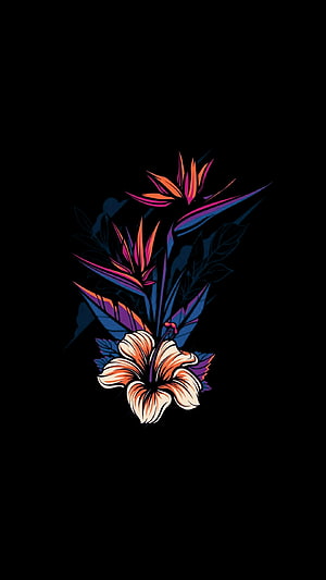 Neon Tropical Bird of Paradise and Lily Floral Illustration on Black Background HD phone wallpaper